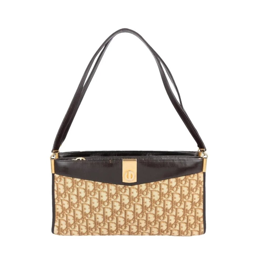 Christian Dior Vintage Trotter Designer Logo Canvas Leather Brown Shoulder Bag